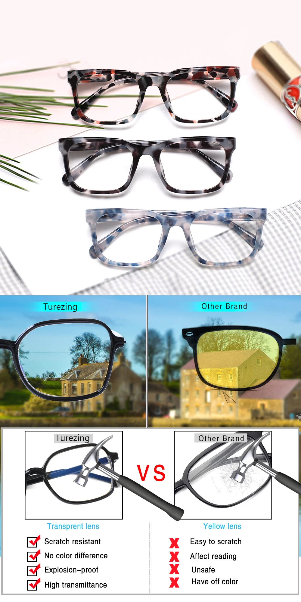 Turezing 4 Pack occhiali da lettura da vista cerniera a molla uomo donna occhiali da Tortoiseshell lettore HD Diopter + 1.0 + 2.0 + 3.0 + 5.0 + 6.0