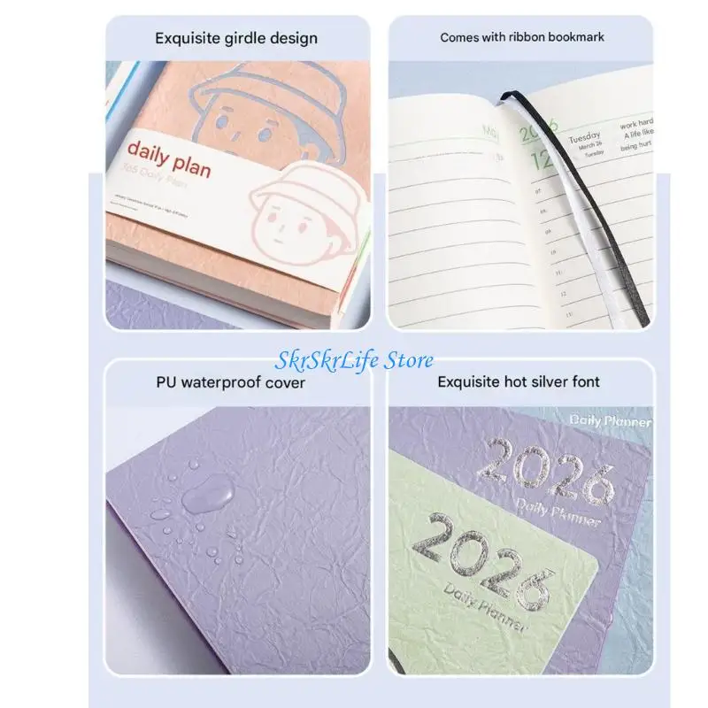 E65E 2026 Day Planner with Ribbon Bookmarks Leather Academic Journal Notebook 200 Sheets Dated for Daily Scheduling Planning