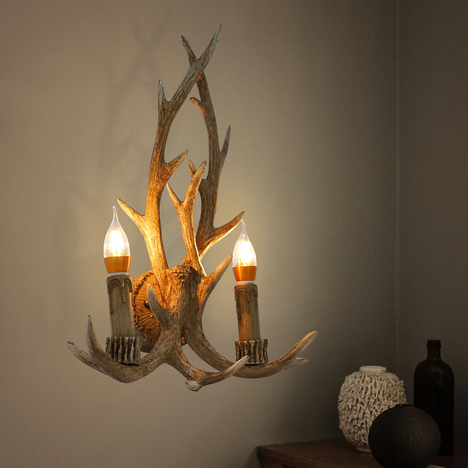 Countryside American Retro Antler Wall Lamp Wooden Feeling Resin Decorative LED Vintage Wall Light Deer Light LED Tree Branch