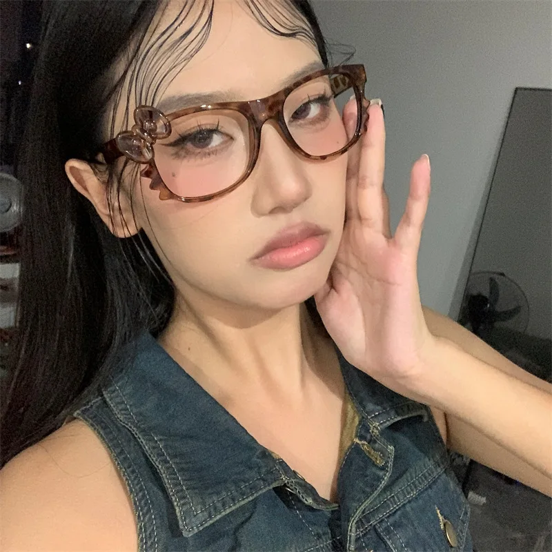 Y2K Leopard Print Eyeglasses Frame Cute Kitty Retro Tortoiseshell E-Girl Aesthetic Versatile Trendy Fashion Eyewear for Women