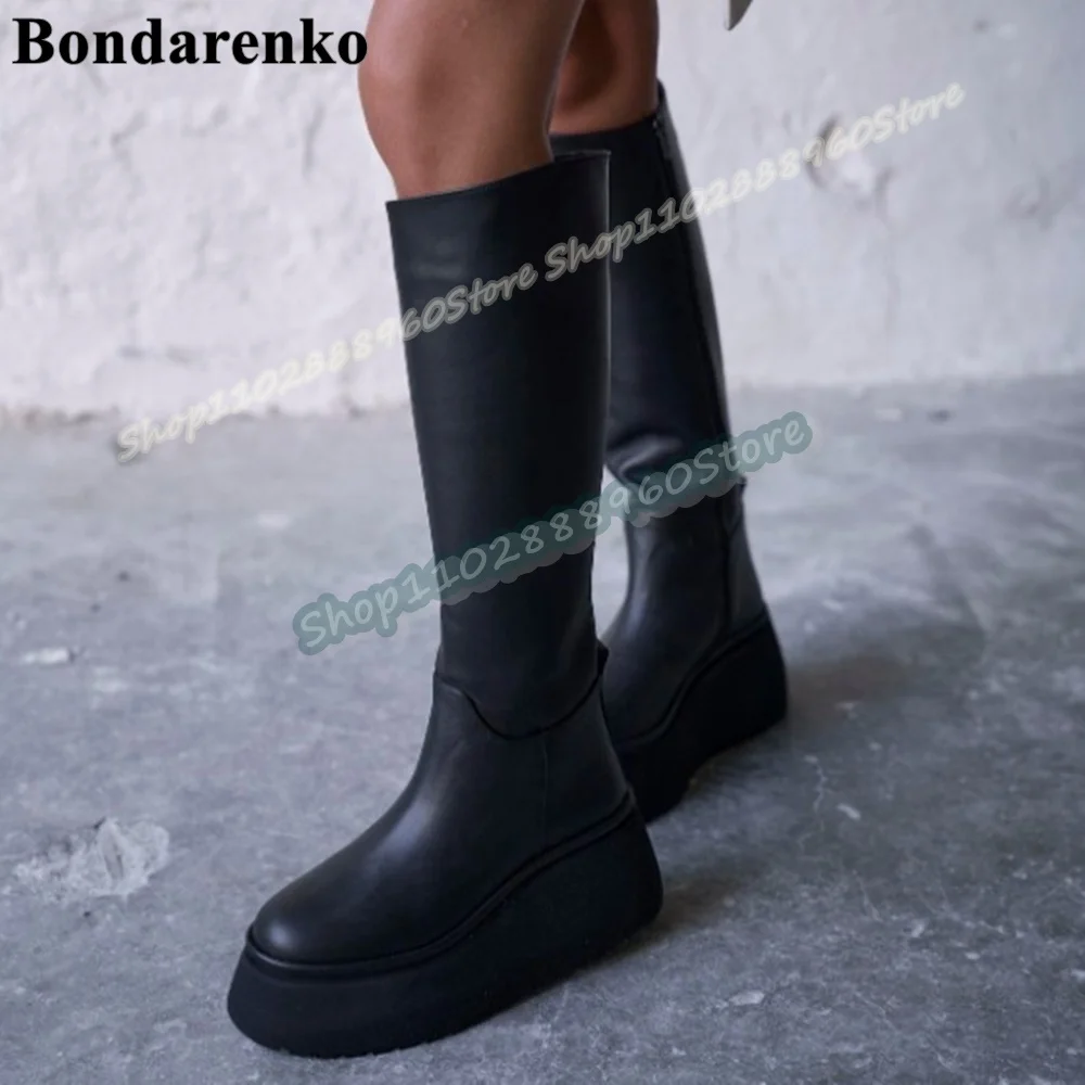 

Knee High Black Matte Leather Thick Soled Boots Flats Shoes For Women Side Zipper Round Toe Casual Trending Zapatos Para Mujer