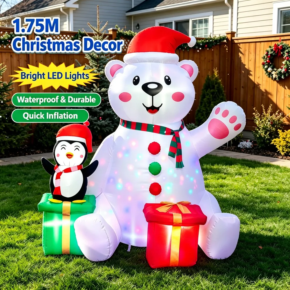 5.74FT Christmas Inflatable Polar Bear&Penguin&Gift Boxes Built-in Colorful Rotating LED Lights for Xmas Lawn Holiday Decoration