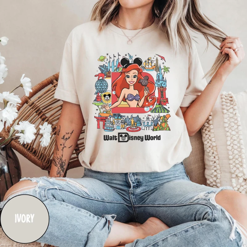 ديزني وورلد ليتل ميرميد الأميرة ارييل تي شيرت النساء الرجال موضة الصيف عادية طاقم الرقبة قصيرة الأكمام الرياضة فضفاضة #2