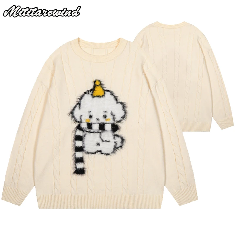 Hip Hop Streetwear Autumn Winter Lovers Knitted Pullover Sweater Cartoon Plush Puppy O-neck Sweaters Men Casual Loose Knitwears