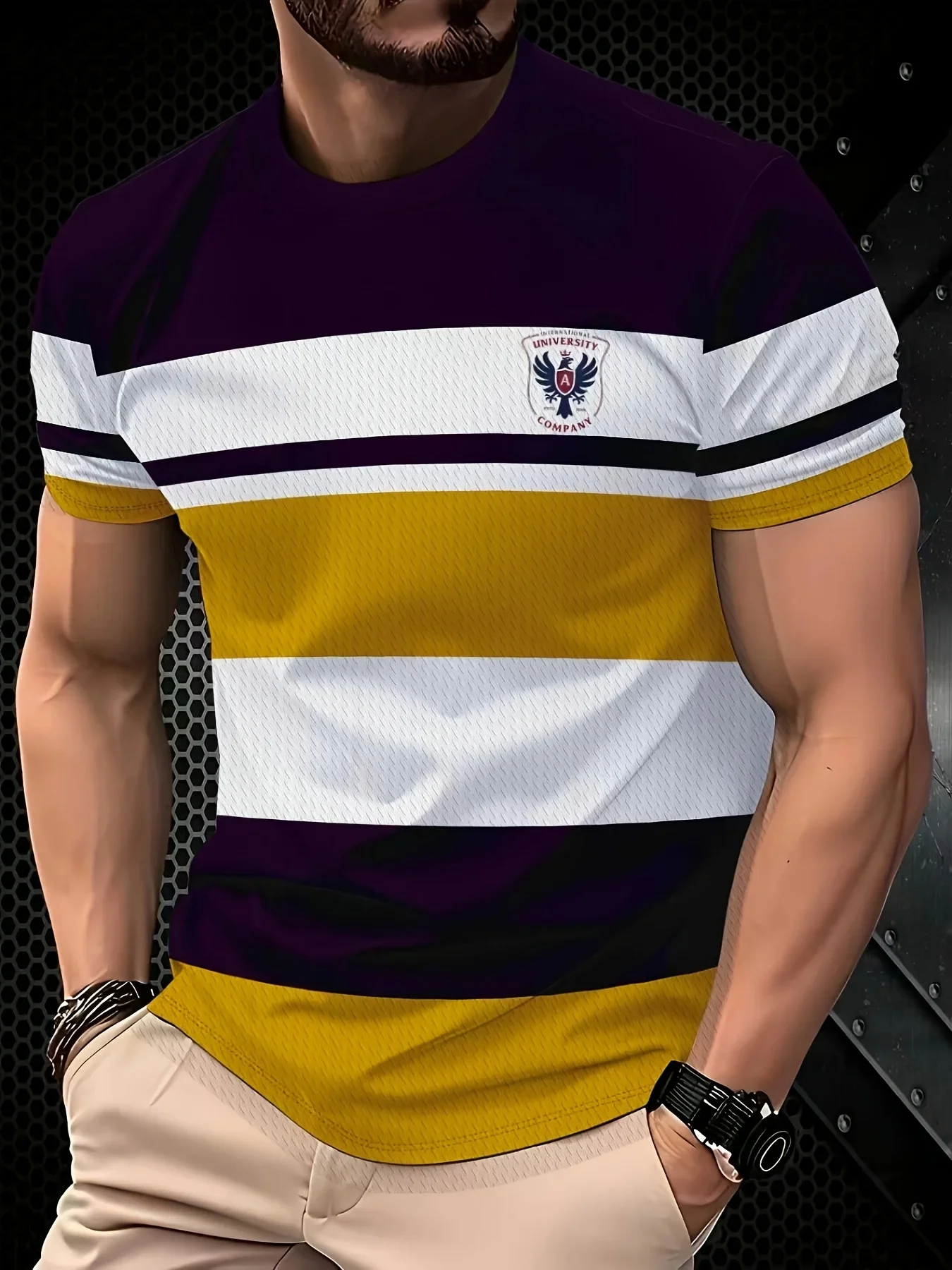 Modisches gestreiftes Farbblock-T-Shirt für Herren, atmungsaktives Mesh-Rundhals-Freizeitshirt im College-Stil, Sommer-Kurzarm-Oberteil