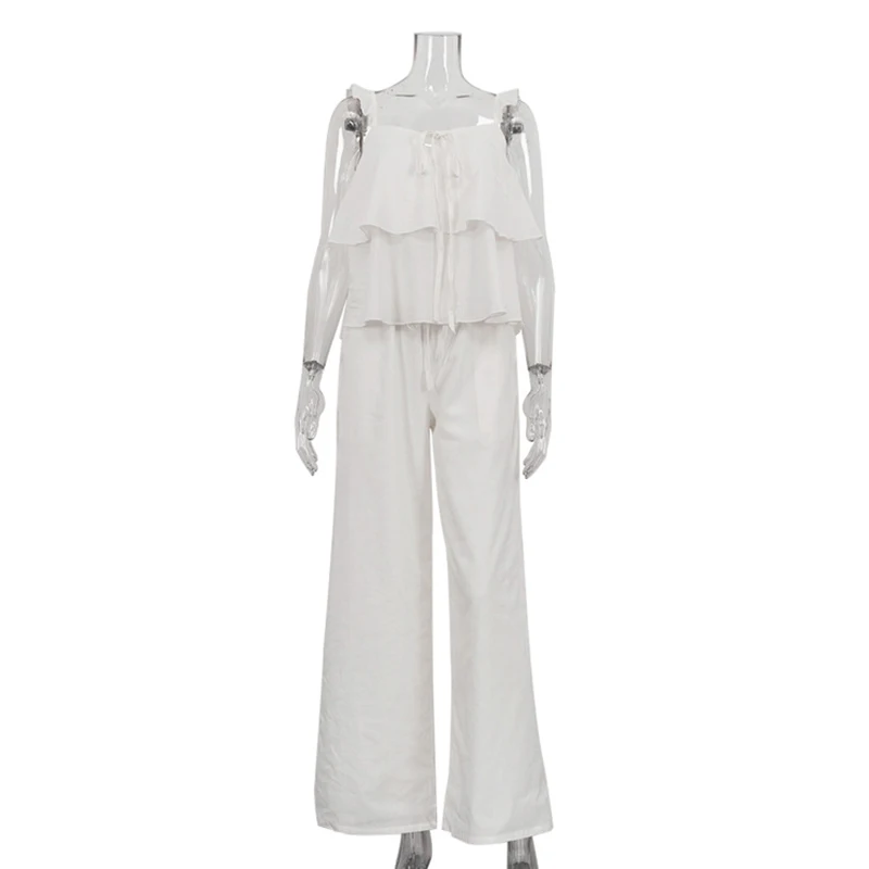 

Suspender Ruffles Hollow Out Two Piece Set Casual Pure Color Sleeveless Tops Pants Matching Set Women High Waist Pocket Pant Set