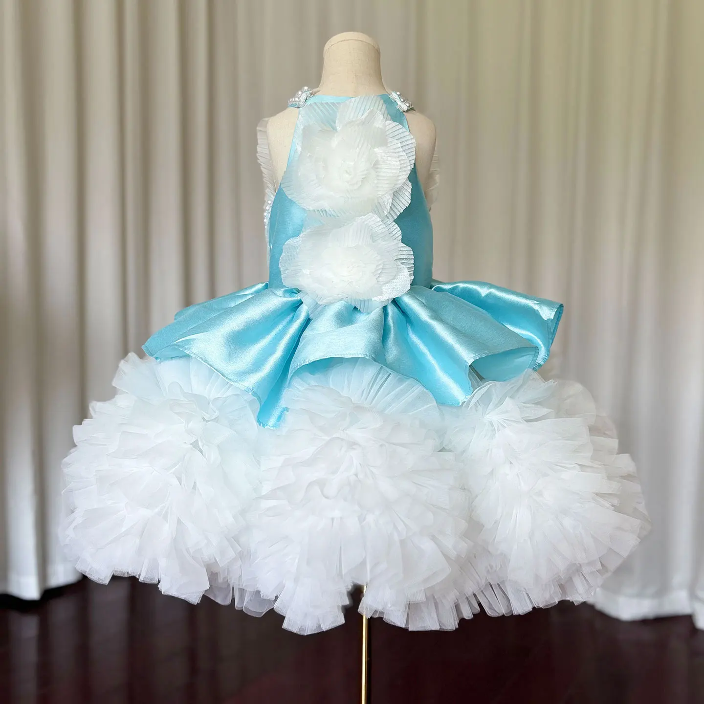 Jill Wish Luxury Sky Blue Girl Dress Pearls Baby Kids Princess Birthday Wedding Party Children Holy Communion Gown 2024 J027