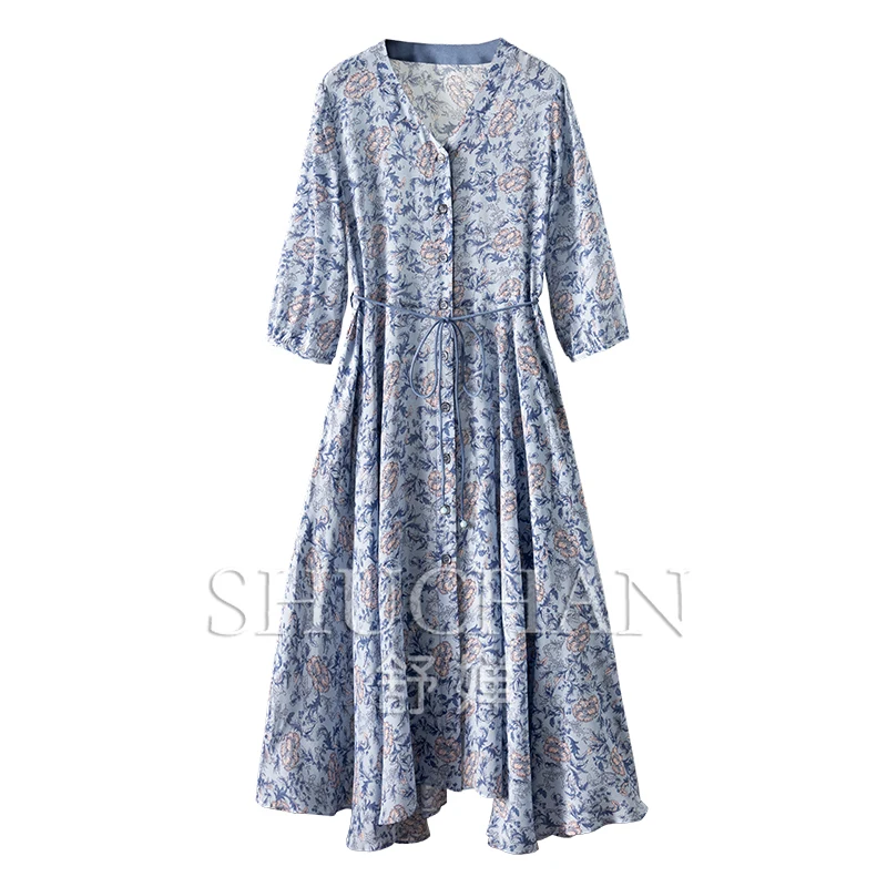 

Romantic French Natural Silk Floral 4 Meters Hem V-neck Dress Women 22B7 Maxi Dresses for Women Vestido Feminino