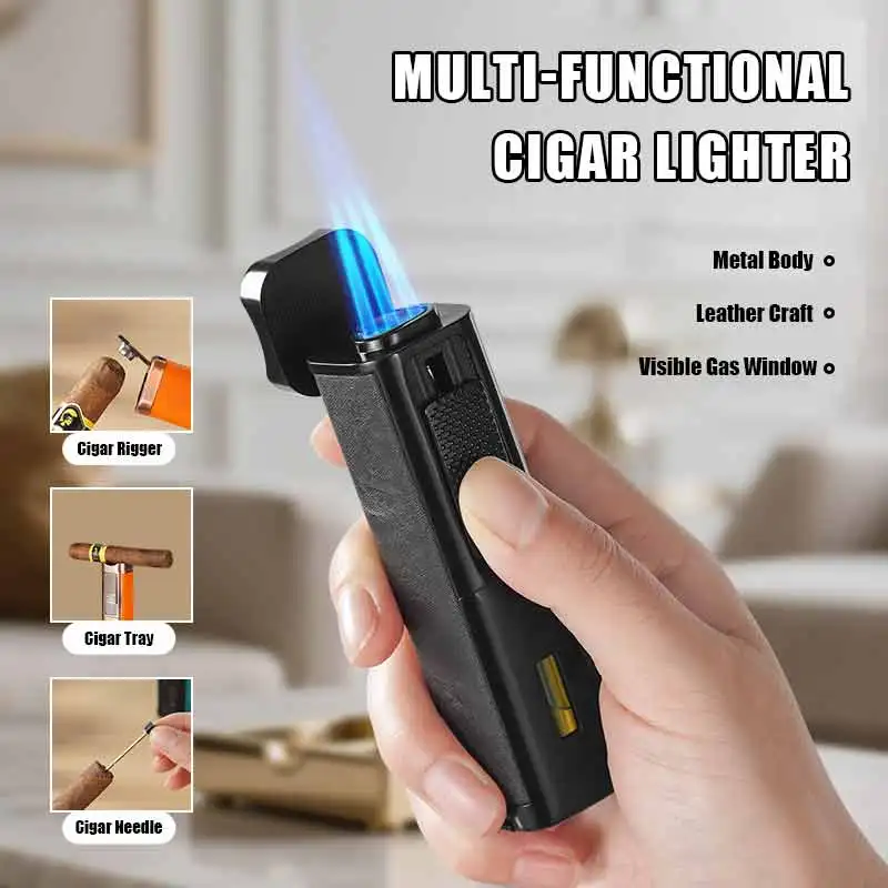 Three Blue Flame Cigar Lighter Bottom Folding Cigar Cutte Cigar Needle Visual Gas Window Leather Craft Ignition Tool