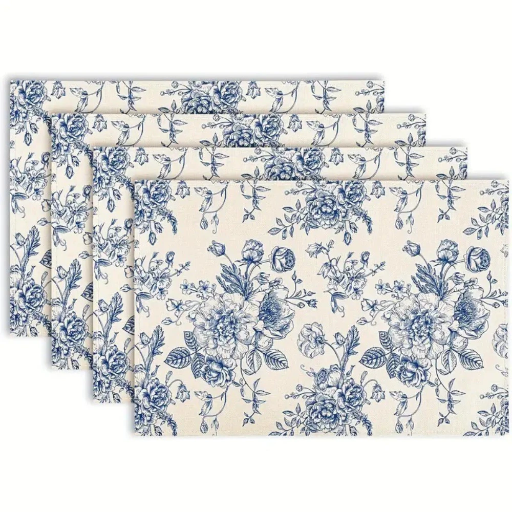 VIKAMA Blue & White Floral Rectangular Placemat, Waterproof Wipeable Heat Resistant Mat for Kitchen & Dining Table