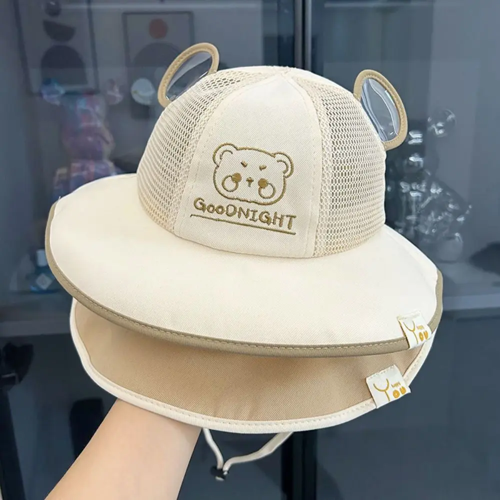 

Cute Cartoon Bear Baby Bucket Hat Mesh Breathable Kids Sun Hat Large Brim Anti-UV Children Sunscreen Caps