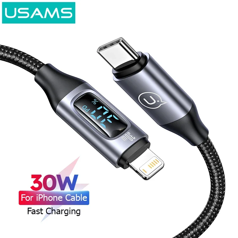 USAMS 30W PD Type-C For iPhone 14 13 12 11 Pro Max Cable Display Fast Charging Charger For iPhone X Macbook Data Cables 1.2m