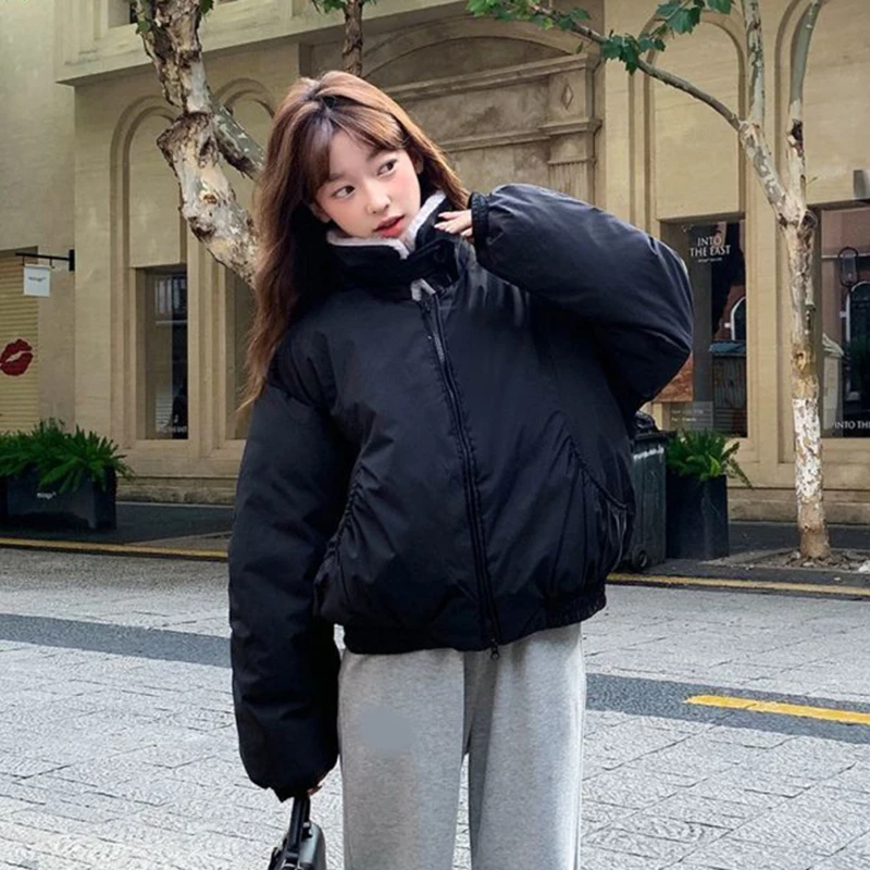 Parkas de muy buen gusto coreano para mujer, abrigos hinchados informales holgados y cálidos con bolsillo y cremallera, prendas de vestir de manga larga con cuello de piel dulce de retazos, novedad