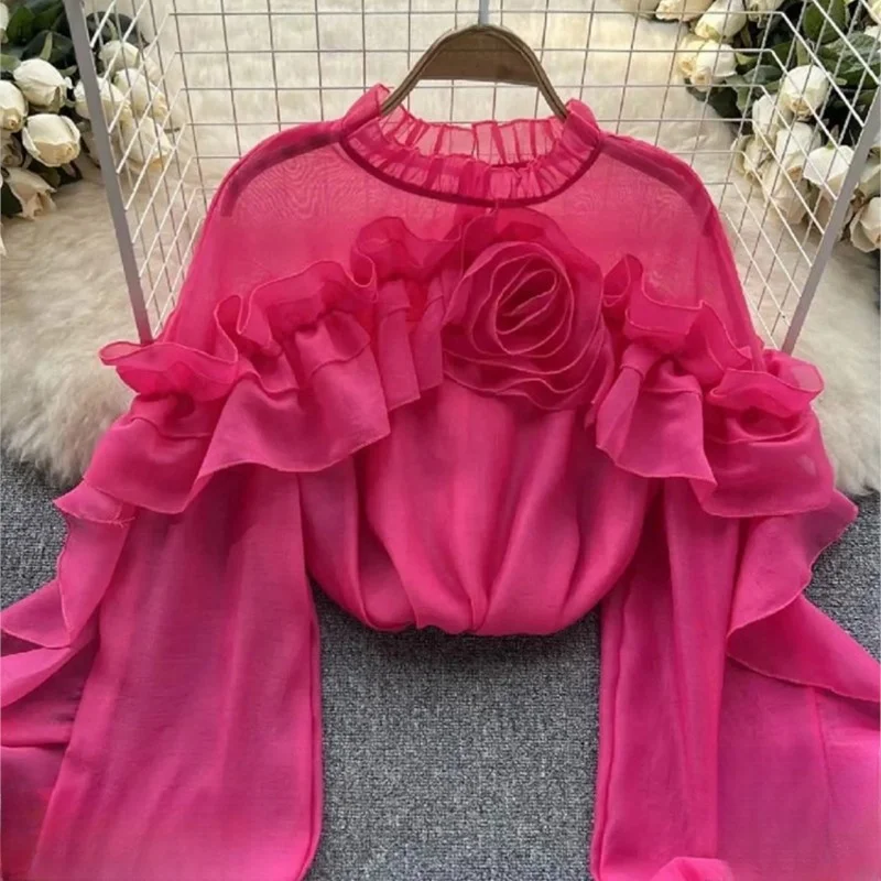 Unique Fairy Lady Super Sweet Short Top Waist-Tight Rose Red Shirt for Women