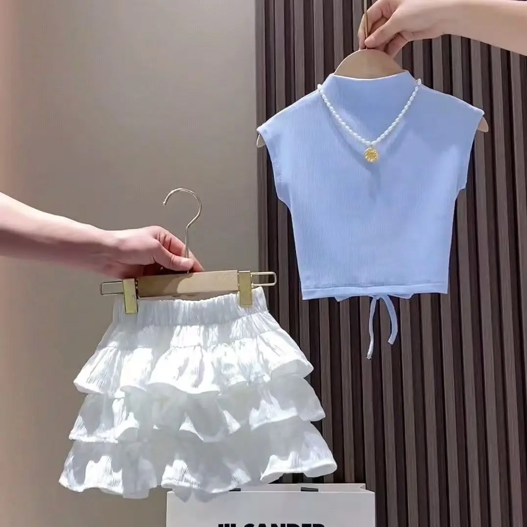 

Girls' Summer Set 2025 New Style Children's Short Sleeve Pleated Skirt Two Piece Set Stylish Summer Dress 100-150CM