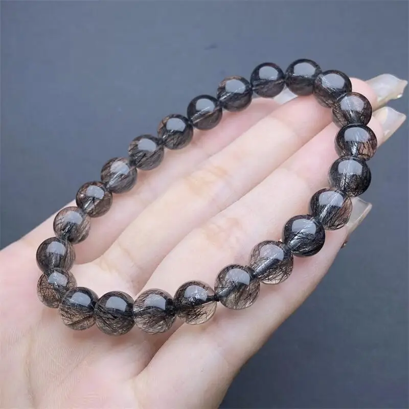 9MM Natural Black Hair Quartz Bracelet Handmade Women Healing Gemstone Crystal Strand Bangles Lovers Girlfriend 1PCS