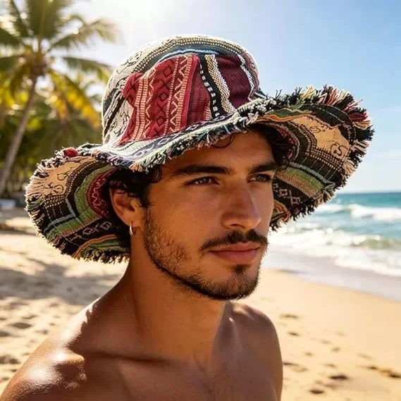 Unisex Fashionable Retro Fisherman's Hat with Hidden Pocket—Bohemian Patchwork Sun Hat for Travel, Vacations, and Leisure