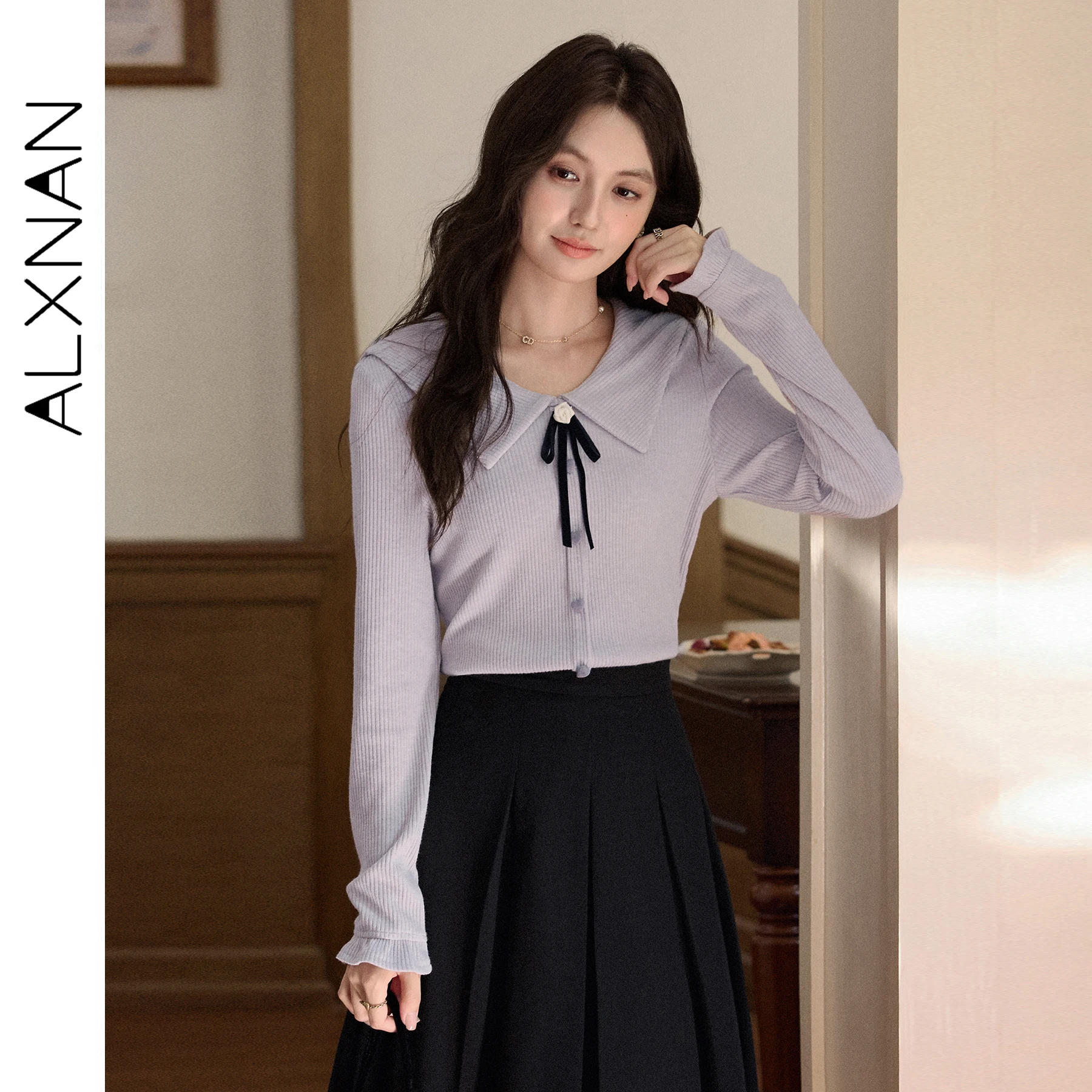 

ALXNAN Purple Knitted Cardigan Women 2025 Autumn Long Sleeve Sweater Elegant Bowknot Heart-shaped Button Knitwear Female L569127