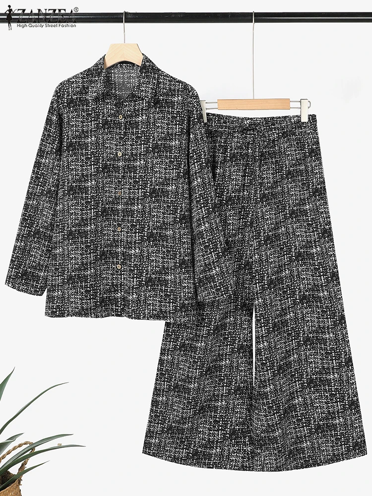 

ZANZEA Vintage Pant Sets 2025 Summer Women Print Retro 2pcs Lapel Long Sleeve Tops and Wide Leg Pants Casual Two-piece Outfits