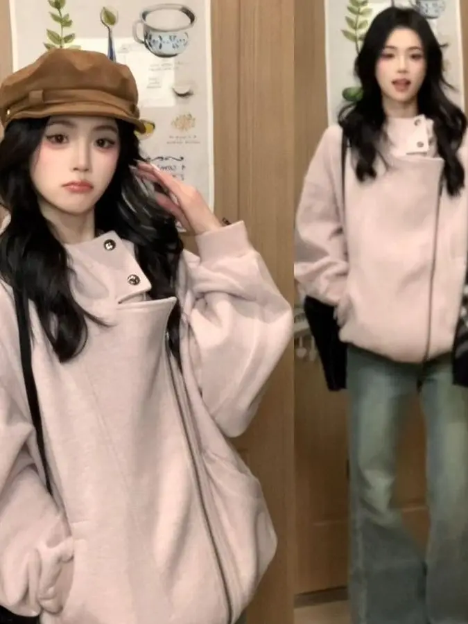 

Американская ретро-куртка розового цвета с капюшоном и воротником-стойкой, женская осенне-зимняя свободная толстовка на молнии, верхняя одежда