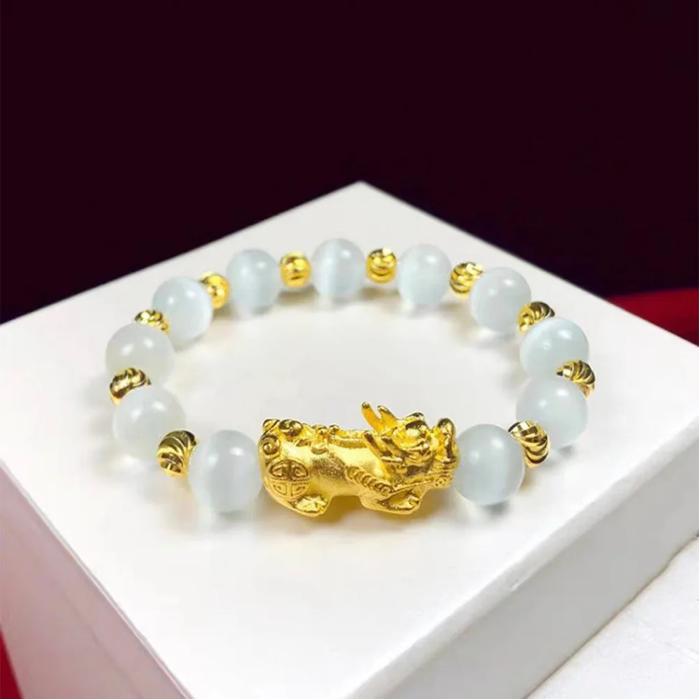 

Women's 24K Gold Bracelet | 3D Pixiu clutching cat's eye beads, matte gold spacers, adjustable clasp, exquisite & protective