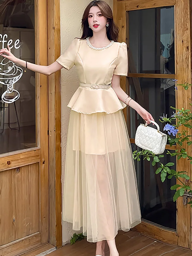 Women Pink Satin Patchwork Mesh Bandage Long Dress Summer Elegant Diamonds Luxury Dress 2025 Korean Vintage Party Evening Dress