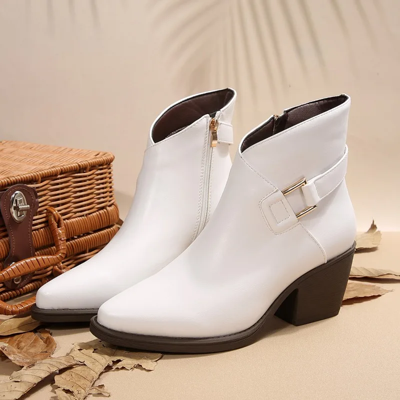 Thick-soled Waterproof Platform Short Boot with Thick Heel and Round Toe, Featuring Water Droplet-shaped Rhinestones.