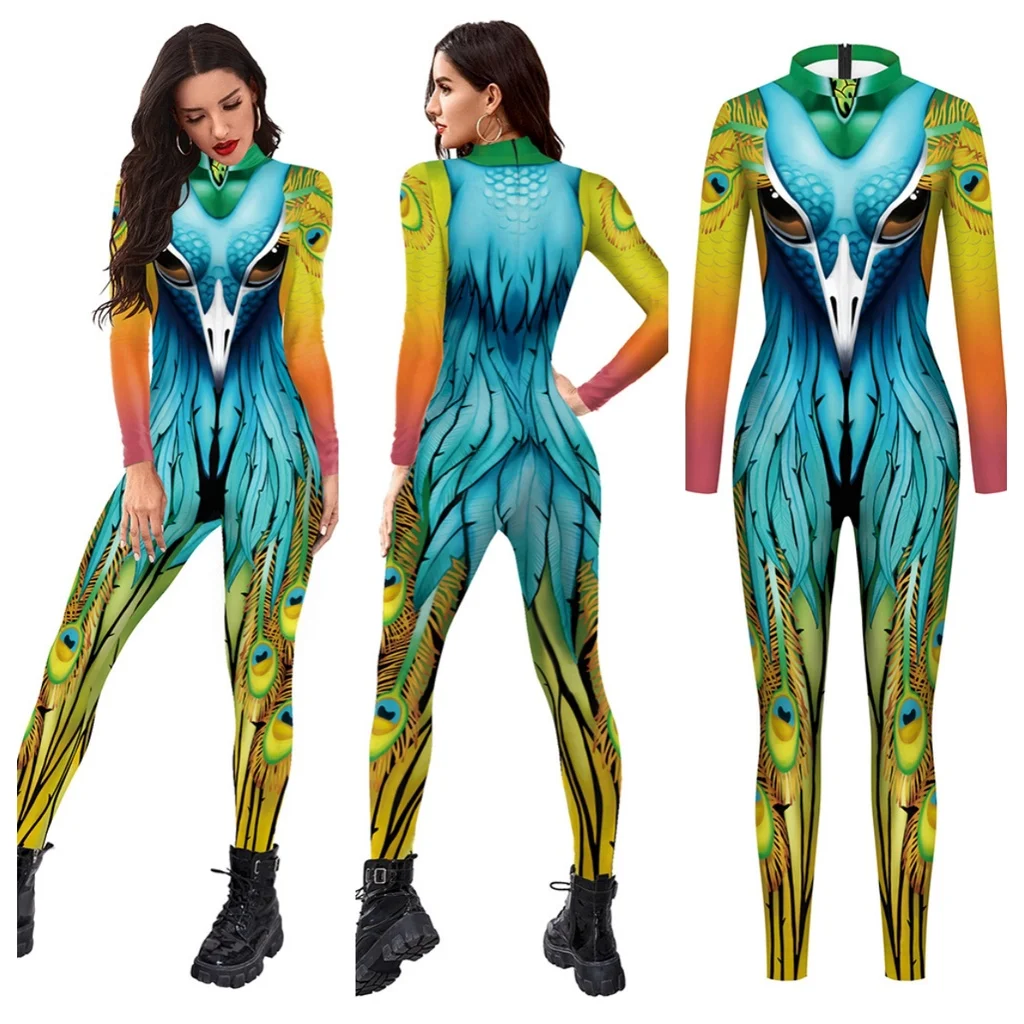 Vrouwen Mannen Dieren Pauw Vogels 3d Geprint Jumpsuit Volwassenen Halloween Cosplay Kostuum Voor Dansfeest Verkleden