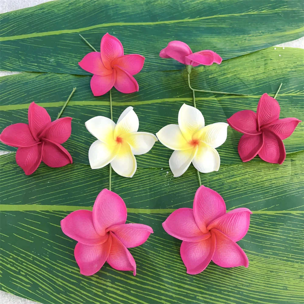 12 PCS 8cm White and Pink Hawaiian Frangipani Plumeria Foam Head Flower Party Beach Hair Clips for Wedding Party Accessories