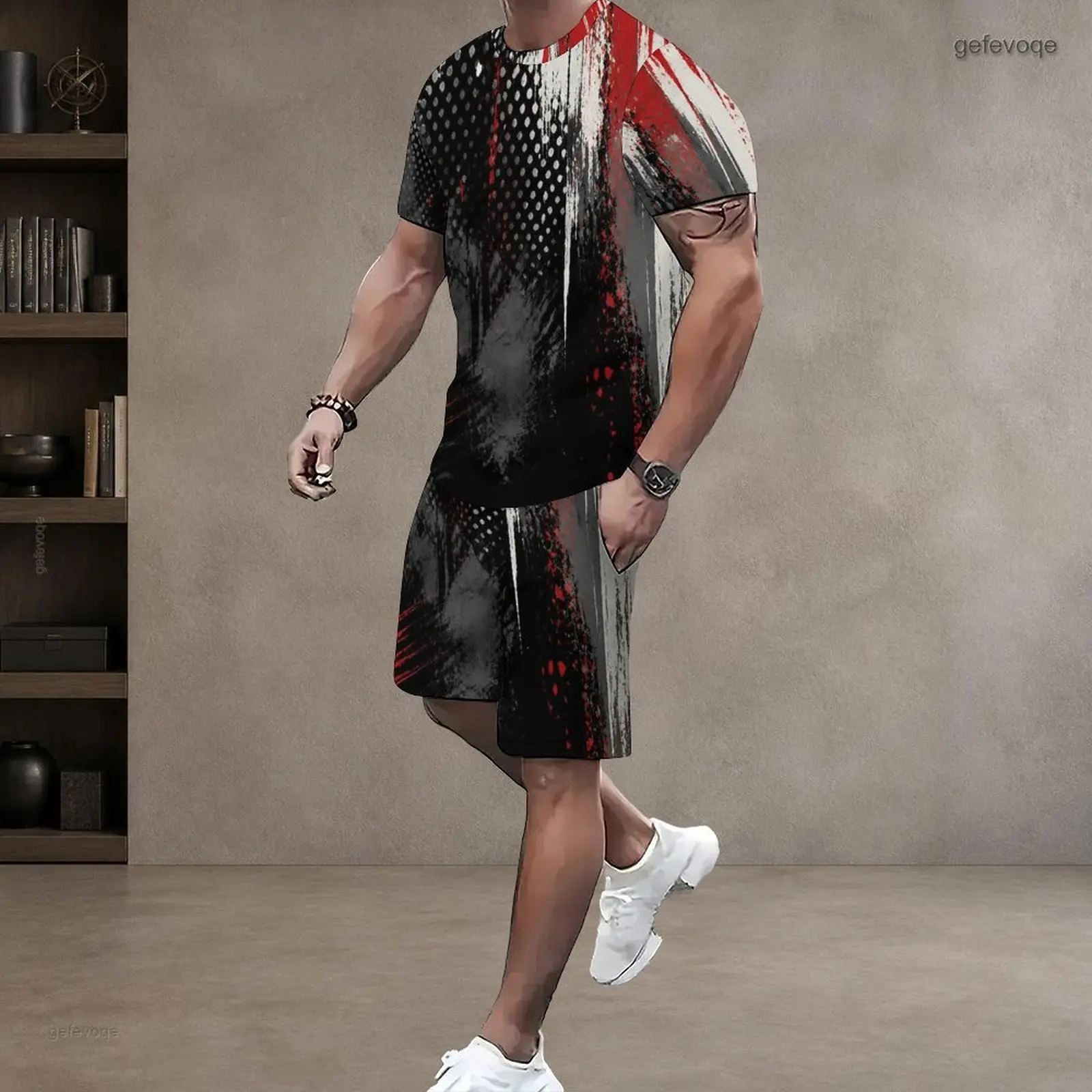 Men Shorts Set with Print Round Neck Short Sleeve Top Drawstring Shorts Two Piece