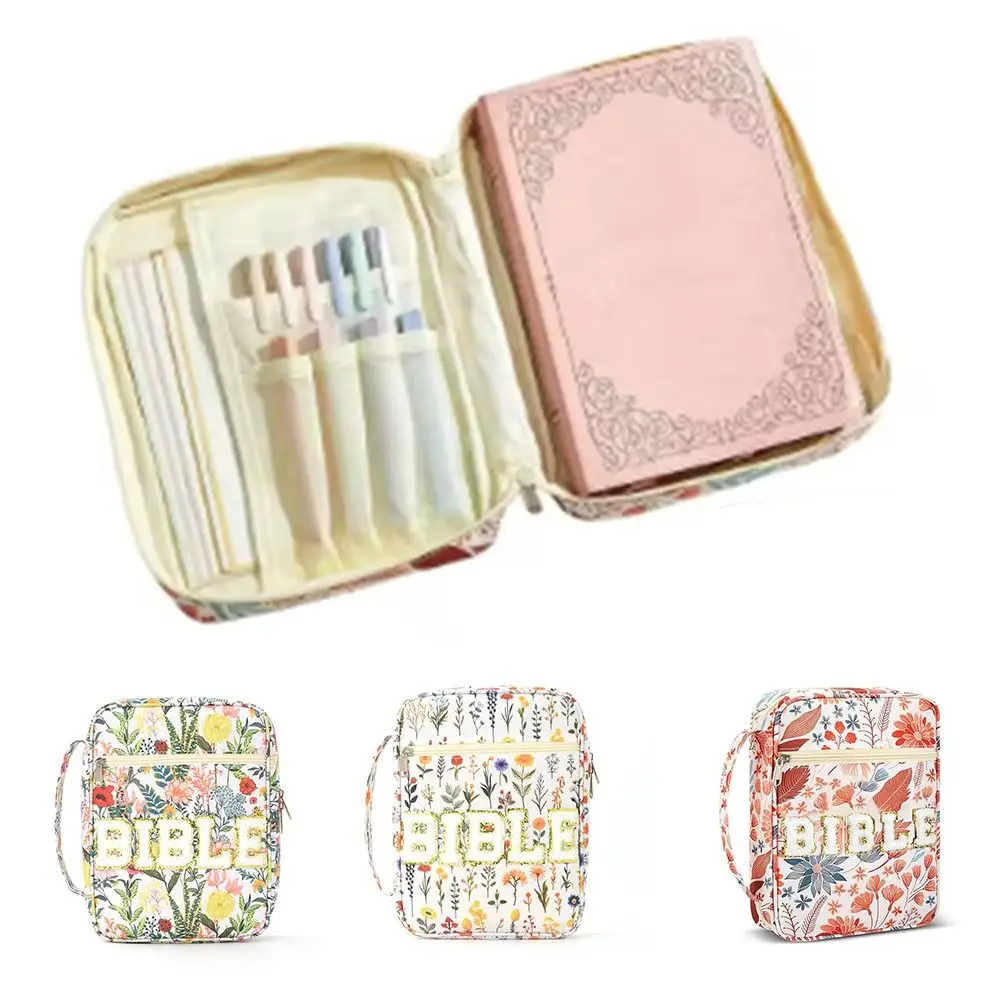 

Portable Dustproof Book Storage Bag Large-capacity Flora Bible Cover Case Pouch Zipper Floral Study Bag Study Supplies