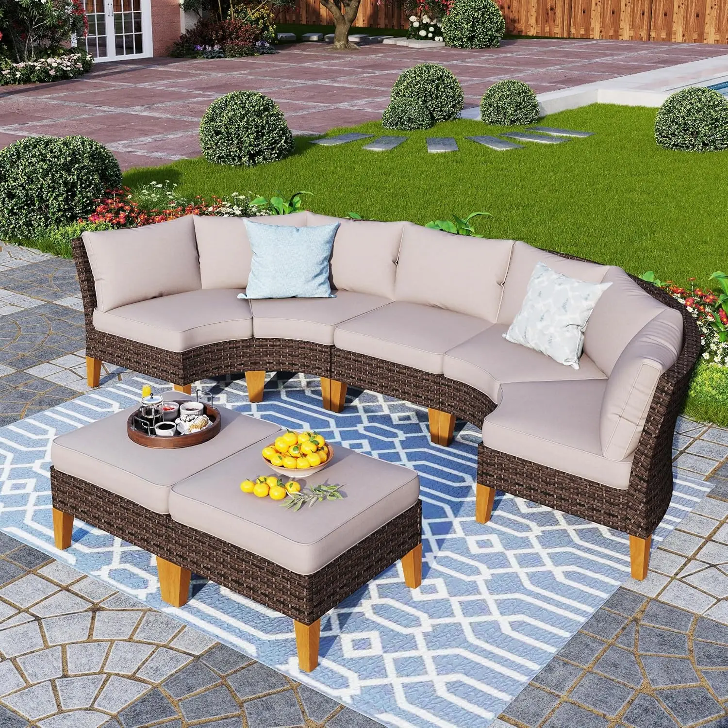 7-Piece Outdoor Patio Conversation Set, Half-Moon Curved Sectional Sofa Outdoor Rattan Furniture Patio Set,Beige