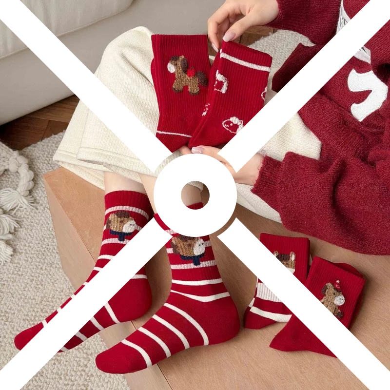 

【W】Red Color Women's Cotton Ankle Socks - Thick Soft Crew Socks For Cold Weather, Breathable & Warm