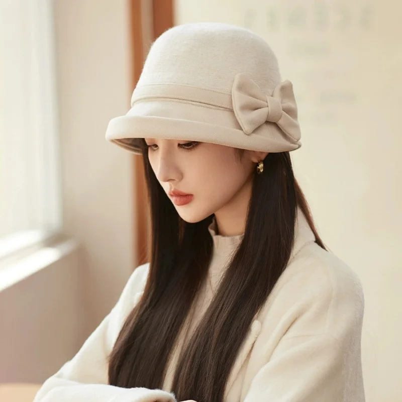 New Fall/Winter Wool Fisherman's Hat: Elegant Wool Hat with Bow—Perfect for Travel, Vacations, and Casual Wear