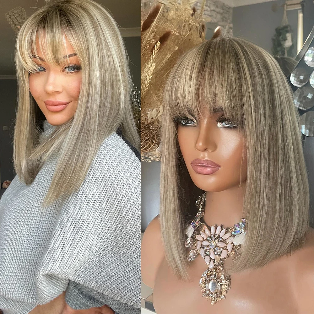 

New in Short Bob Wig with Bangs Blonde Highlights Virgin Human Hair Lace Front Wig Dark Roots HD Invisible Lace 150 Density