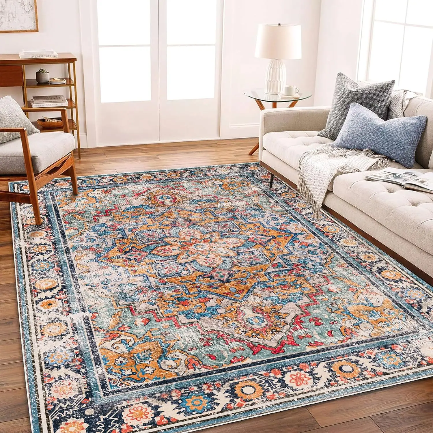 6'x9' Washable Vintage Area Rug Boho Chic Medallion Distressed Design Non-Shedding Easy Care Ideal