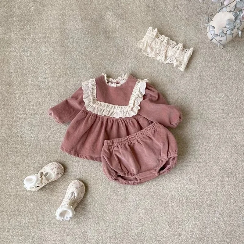 Cute Newborn Baby Girl Corduroy Clothes Set Long Sleeve Lace Collar Dress Shirt Tops+Bloomer PP Pant 2PCS Outfits Spring Suit