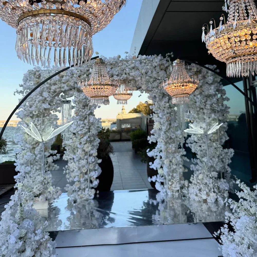 FSDKX New Arrival Black or White Iron Metal Background Frame Hook Arc Chandelier Light Arch Stand for Outdoor Wedding Decoration