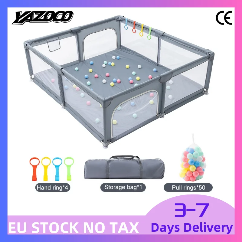 Parque de juegos para bebés de color gris claro, valla de seguridad para niños con anillas para tirar con las manos, barrera portátil para juegos infantiles en interiores, amplio espacio de juego para