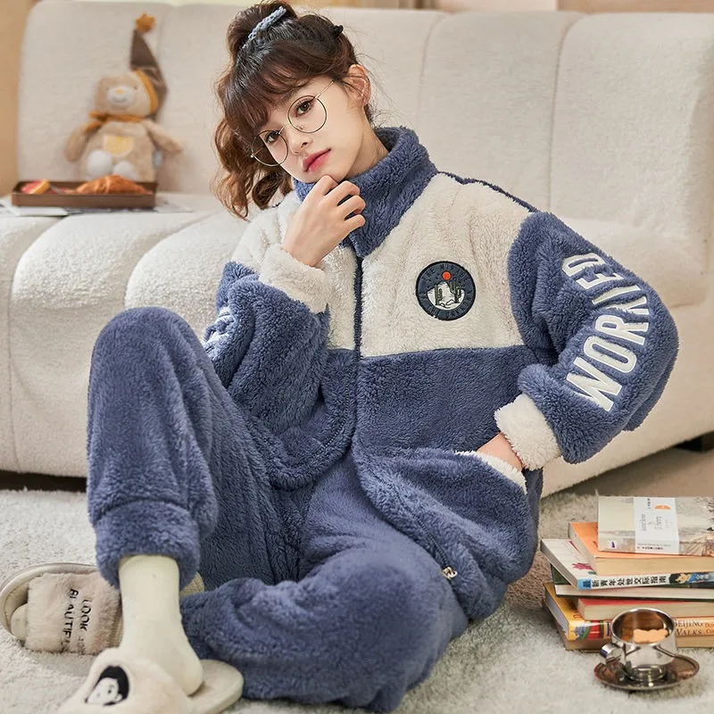 2023 Latest Flannel Pajamas Women's Velvet Thickened Coral Velvet Sleepwear Autumn Winter Loose Homewear Casual Loungewear