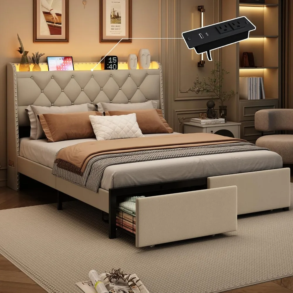 

Queen Bed Frame with Storage Headboard and 2 Drawers, Upholstered Button Tufted Platform Bed Frame Queen Size with LED Lights, C