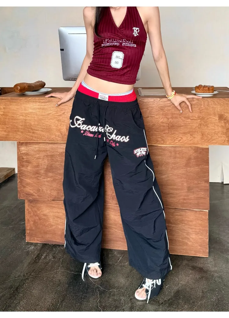 Women's Double Waistband Contrasting Letter Pants Summer Casual Unisex Bottoms High Waisted Trousers Female Wide Leg Sweatpants