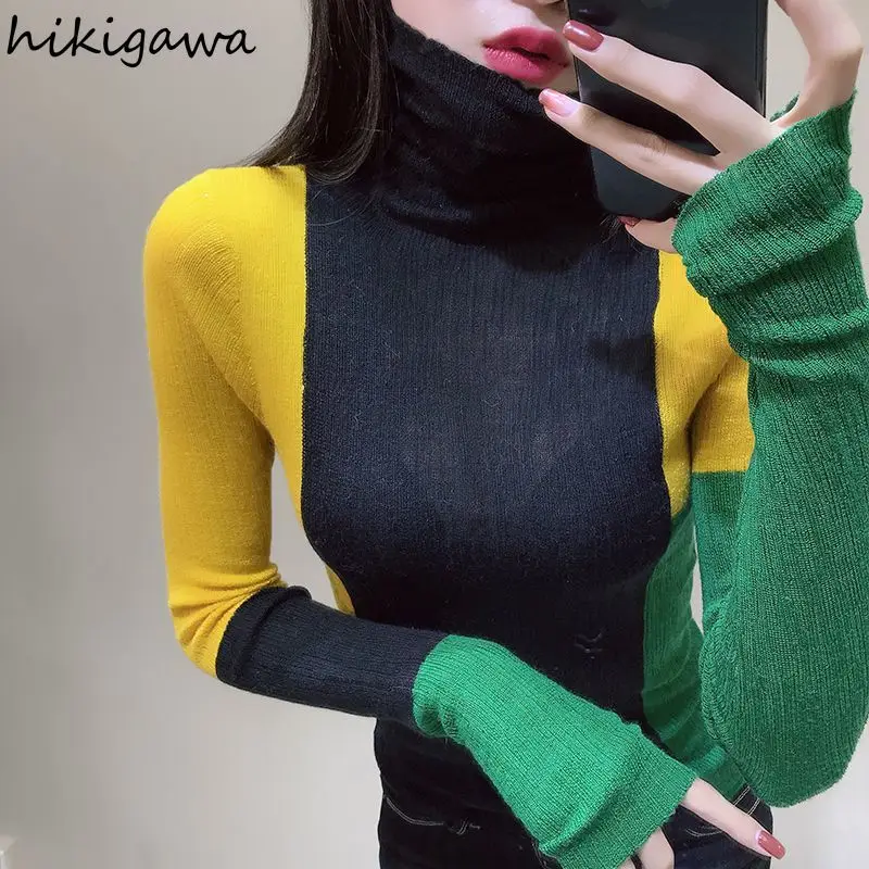 Contrast Color T Shirts Women Turtleneck Long Sleeve Tunic Tees Fashion Korean Camisetas 2024 Ropa Mujer Casual Knit Thin Tshirt