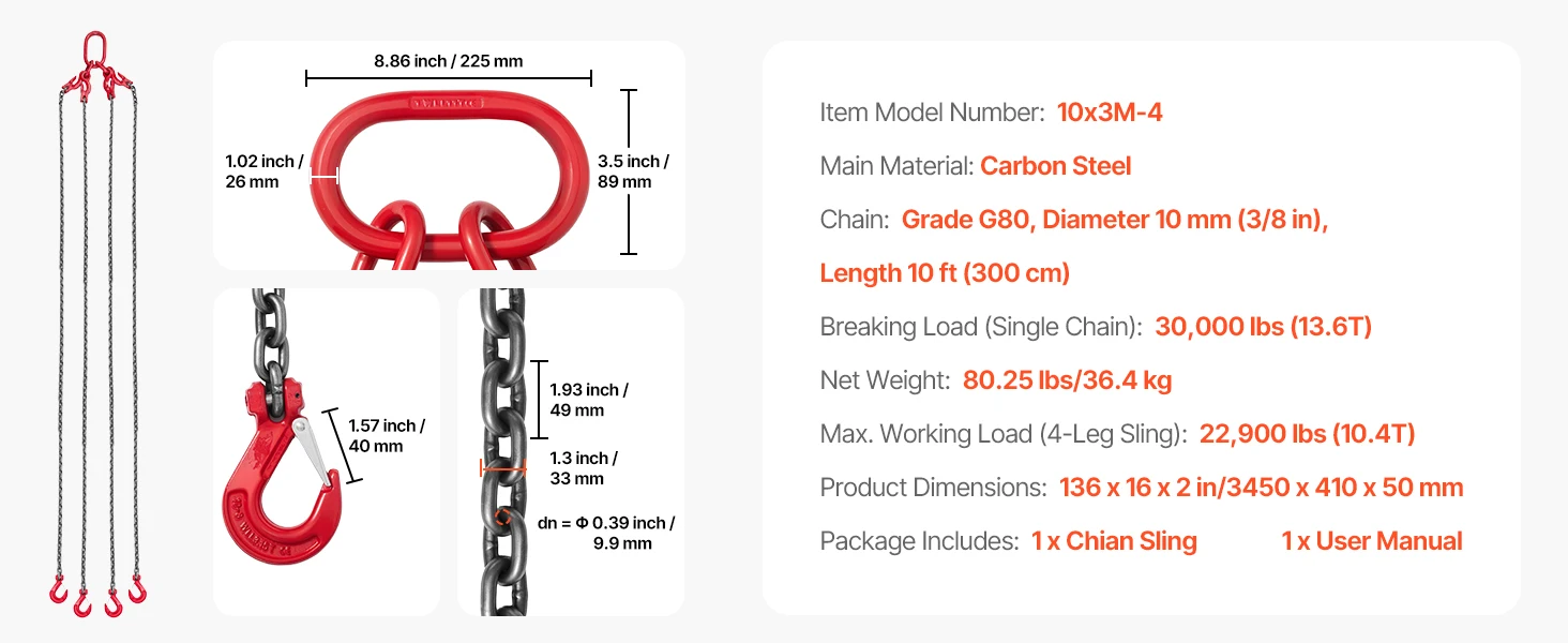 SucceBuy 3/8in x 10ft Chain Sling Lifting Sling Chains with 4 Leg Grab Hook Adjustable Engine Chain Hoist Lifts for Cargo Towing