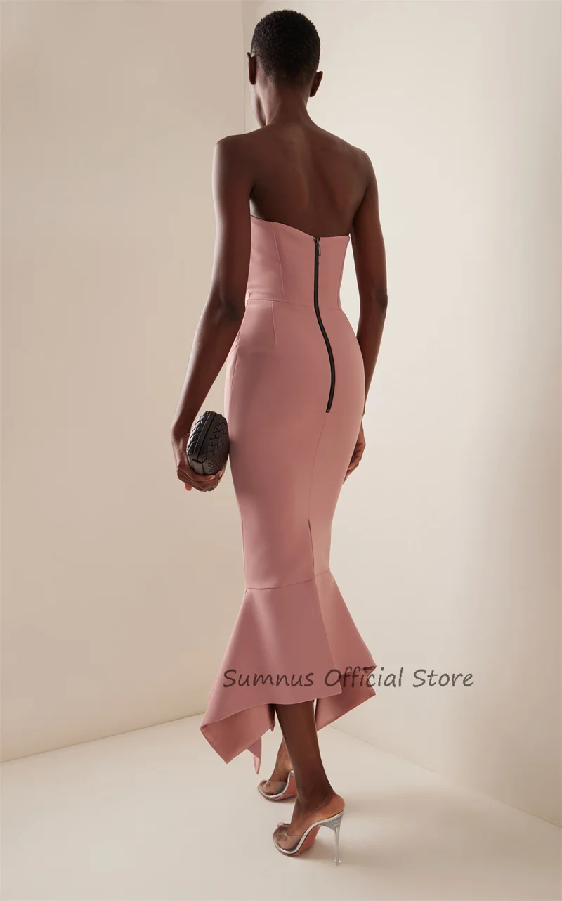 SUMNUS Modern Dusty Rose Pink Mermaid Prom Dresses Sleeveless Strapless Party Dress Satin Dubai Arabic Ruffle Sexy Evening Gowns