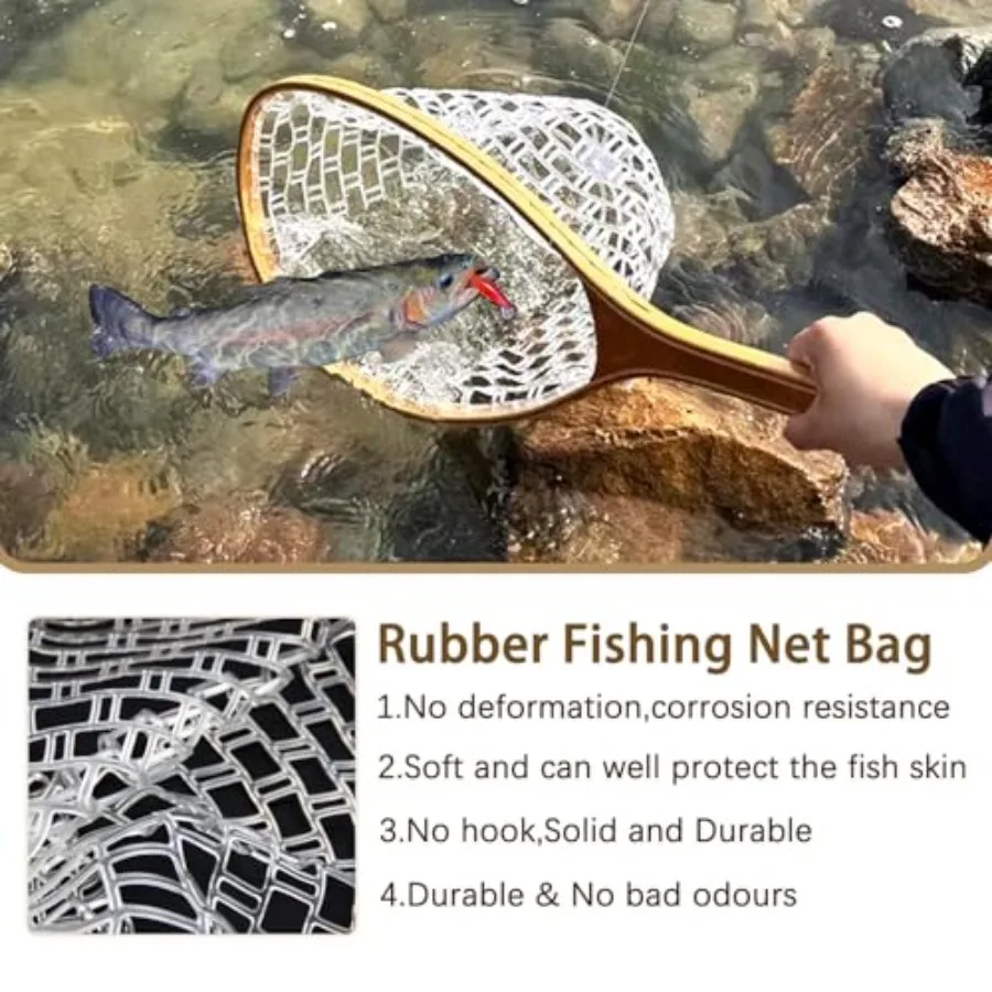 Square Head Fly Fishing Landing Net Trout Soft 23.62in Rubber Catch and Release Fish Net with Wooden Handle Frame Magnetic Fly - view 6