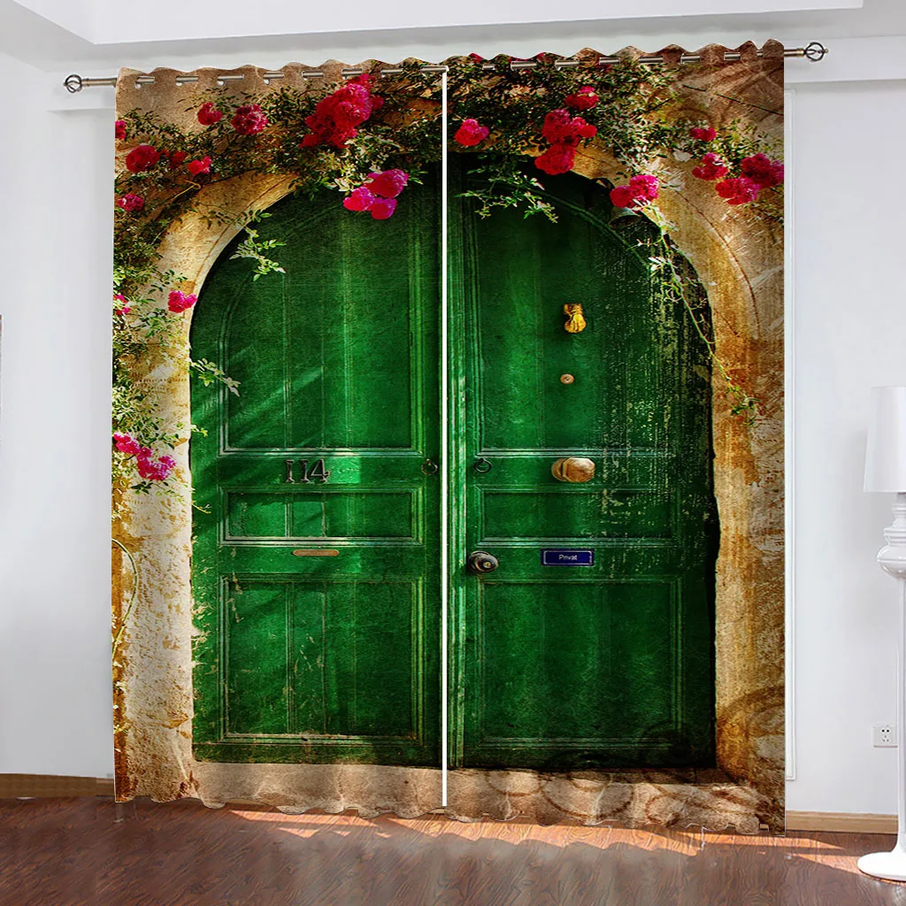 HUANZHUANG Home Interior Curtains Vintage Flower Vine Green Door Curtain 3D Print Bedroom Living Room Window Blackout Partition