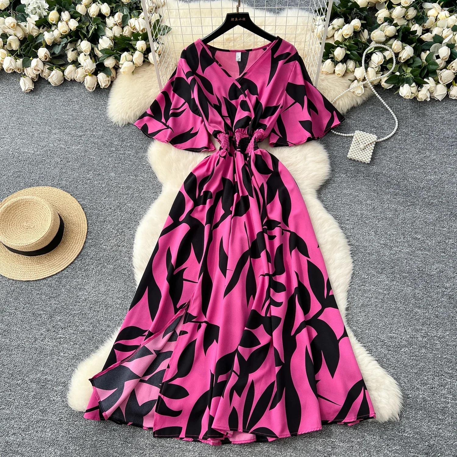 Letnia plaża damska sukienka w kwiaty letnia nowa długa sukienka Maxi elegancka swobodna sukienka z nadrukiem w liście Vestidos kobieta