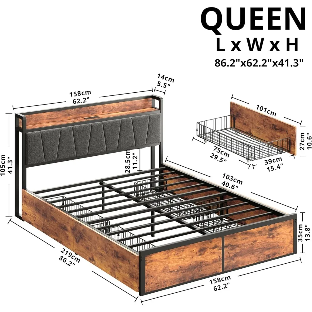 Queen Bed Frame with 4 Storage Drawers, Platform Bed with Charged Headboard, Sturdy and Stable, No Noise, No Box Spring Needed