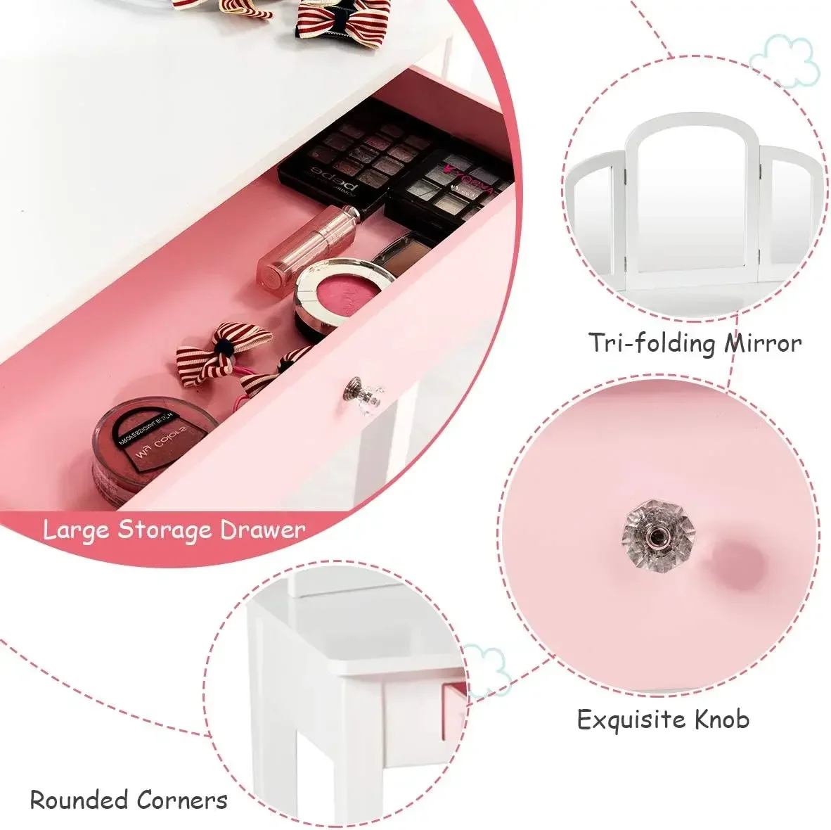 Kids Vanity Table, Princess Makeup Dressing Table with Drawer & Tri-Folding Mirror, 2-in-1 Vanity Set with Detachable Top, Prete